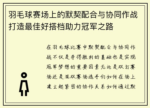 羽毛球赛场上的默契配合与协同作战打造最佳好搭档助力冠军之路